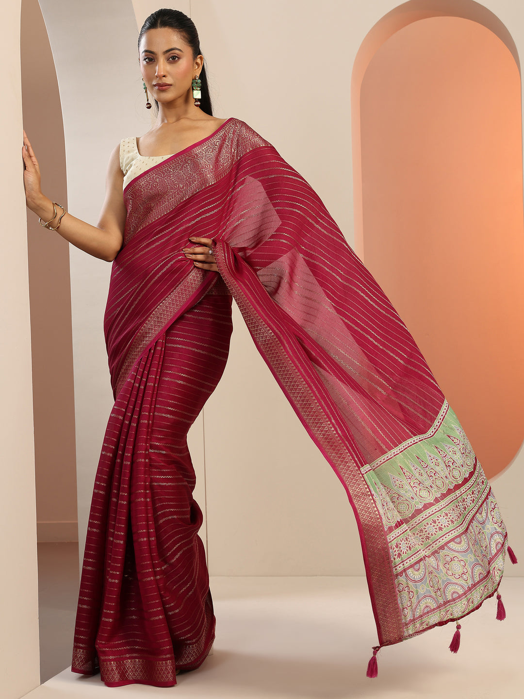 Burgundy Woven Design Georgette Saree With Unstitched Blouse Piece 