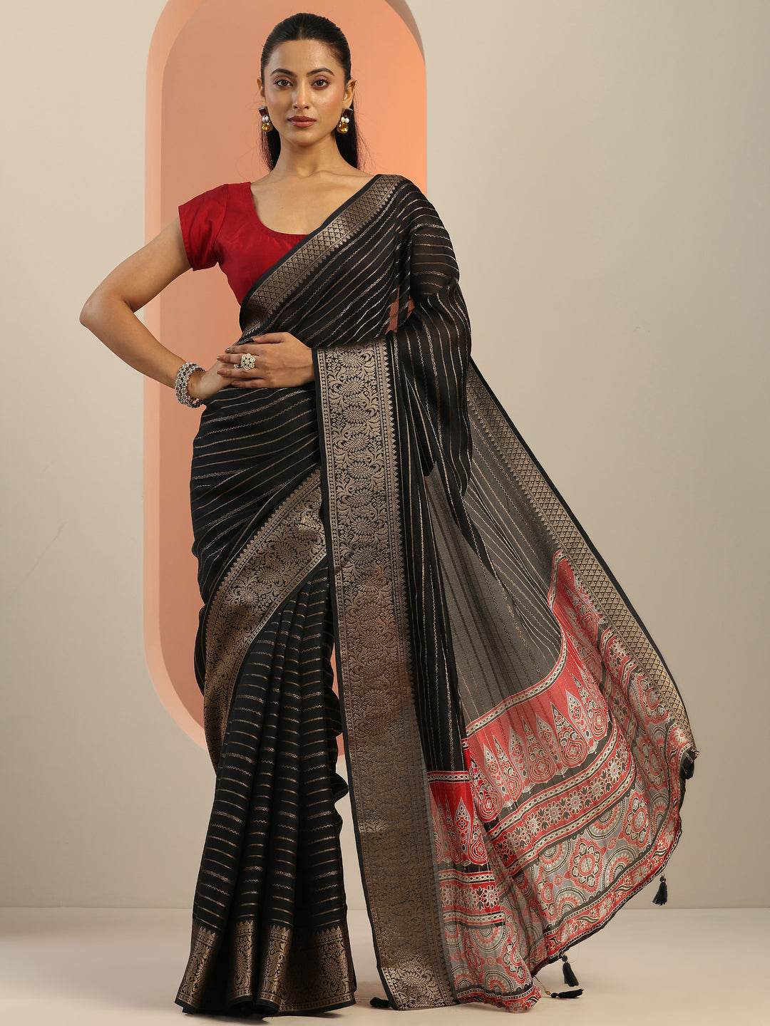  Black Woven Design Georgette Saree With Unstitched Blouse Piece 