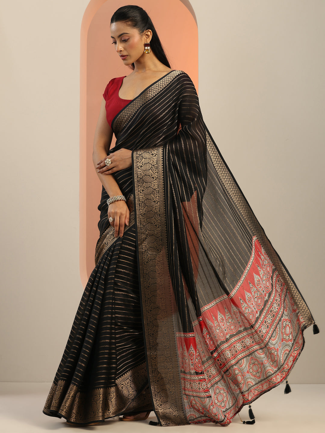  Black Woven Design Georgette Saree With Unstitched Blouse Piece 