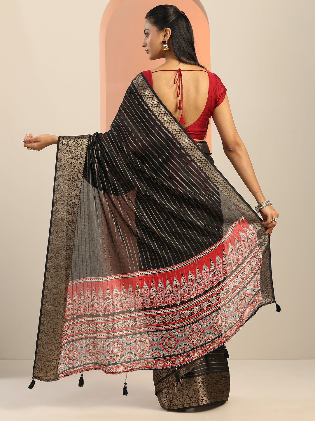  Black Woven Design Georgette Saree With Unstitched Blouse Piece 