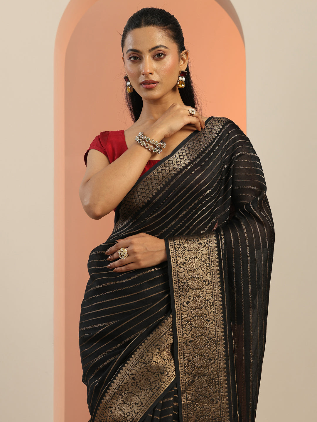  Black Woven Design Georgette Saree With Unstitched Blouse Piece 
