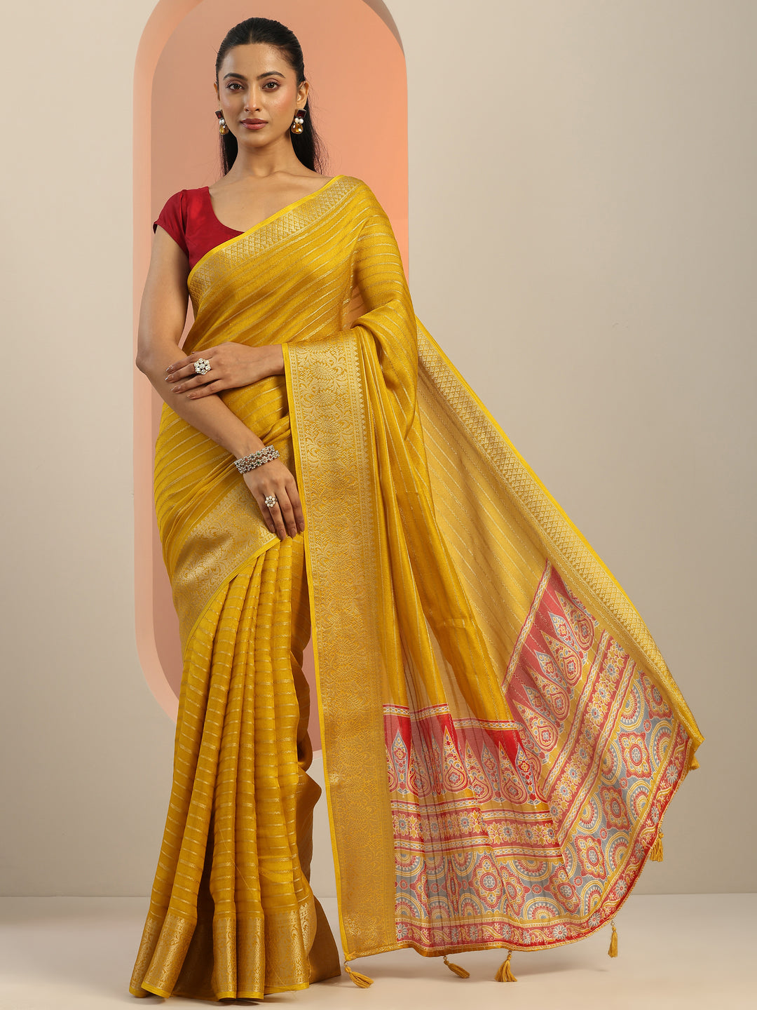  Mustard Woven Design Georgette Saree With Unstitched Blouse Piece 