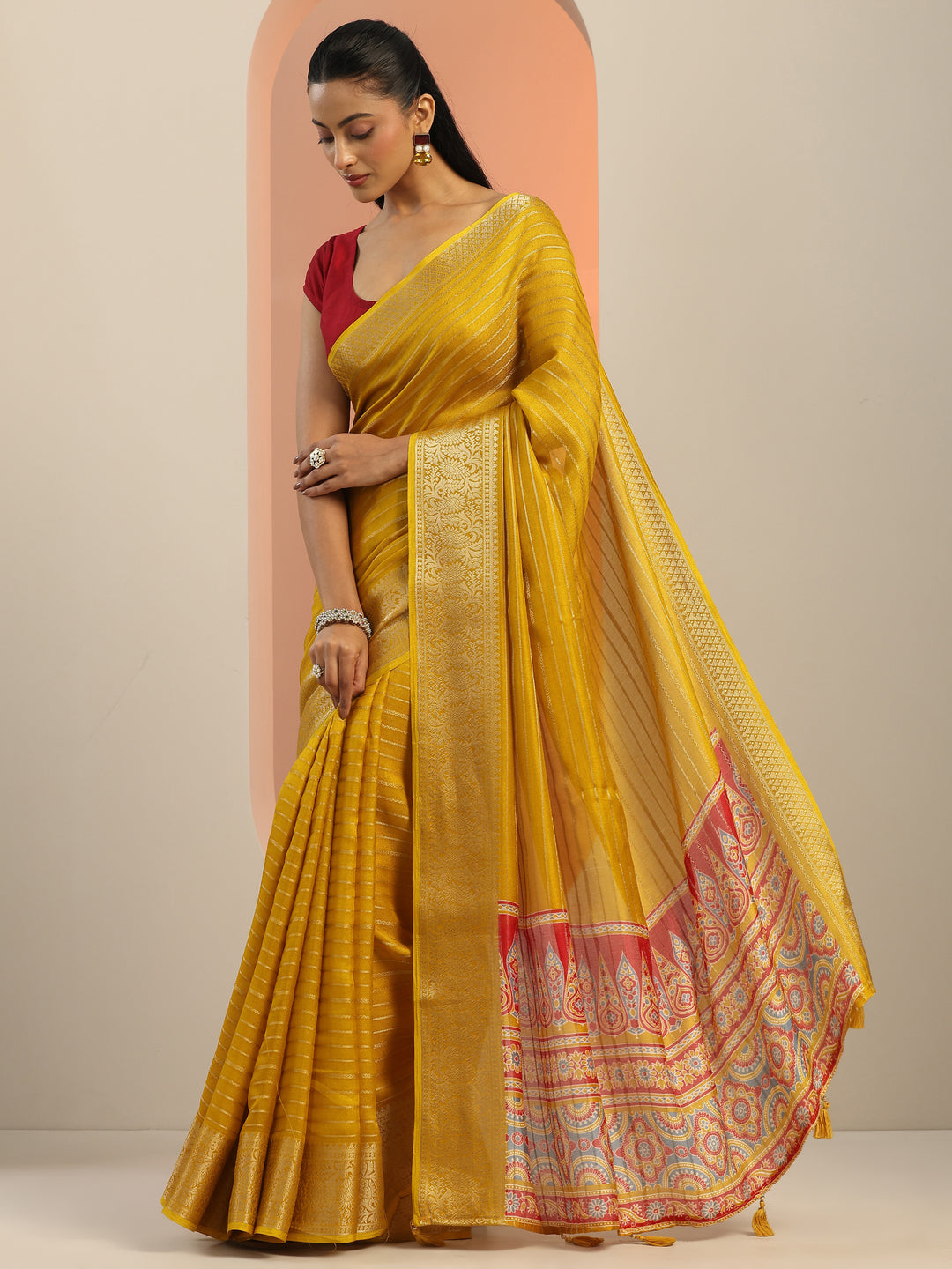  Mustard Woven Design Georgette Saree With Unstitched Blouse Piece 