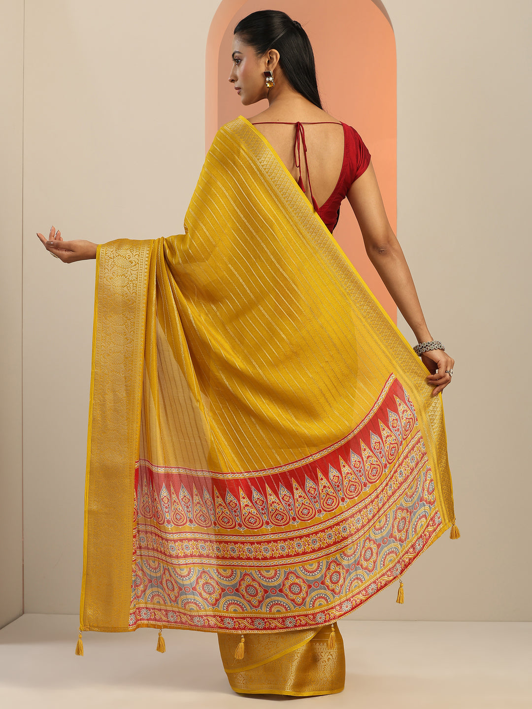  Mustard Woven Design Georgette Saree With Unstitched Blouse Piece 