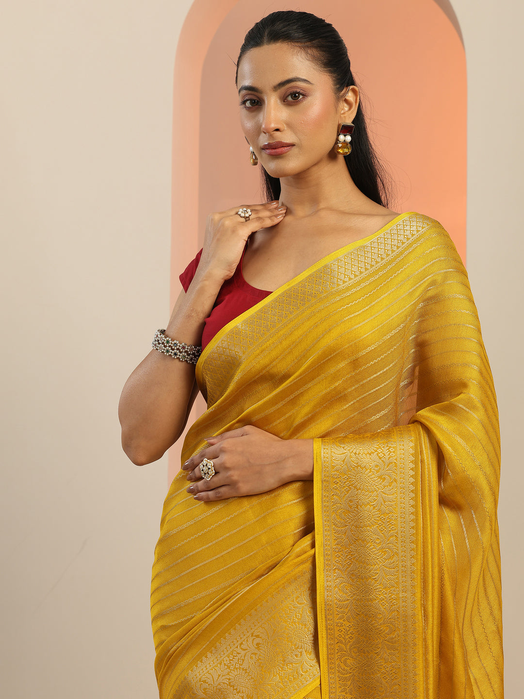  Mustard Woven Design Georgette Saree With Unstitched Blouse Piece 