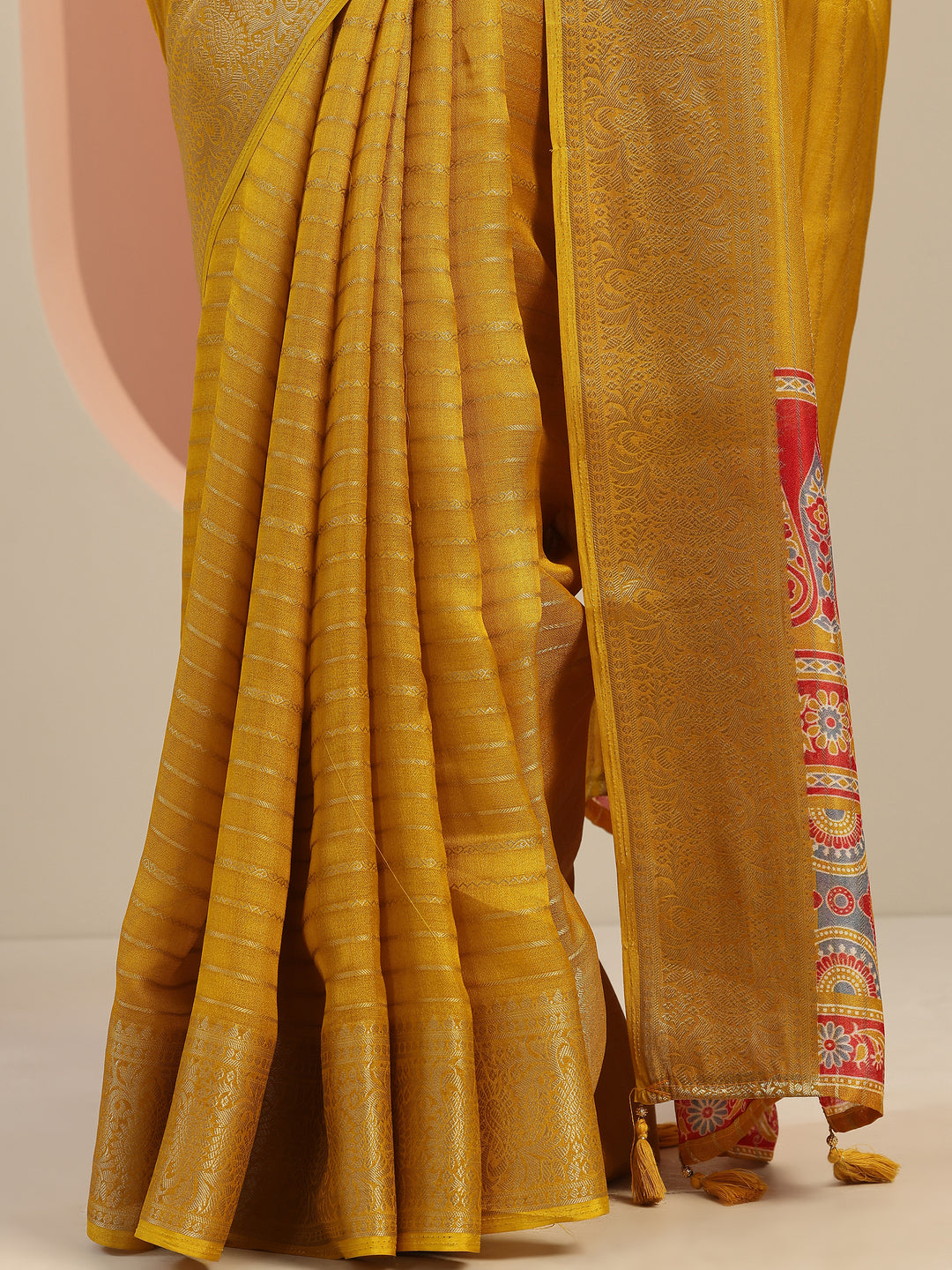  Mustard Woven Design Georgette Saree With Unstitched Blouse Piece 
