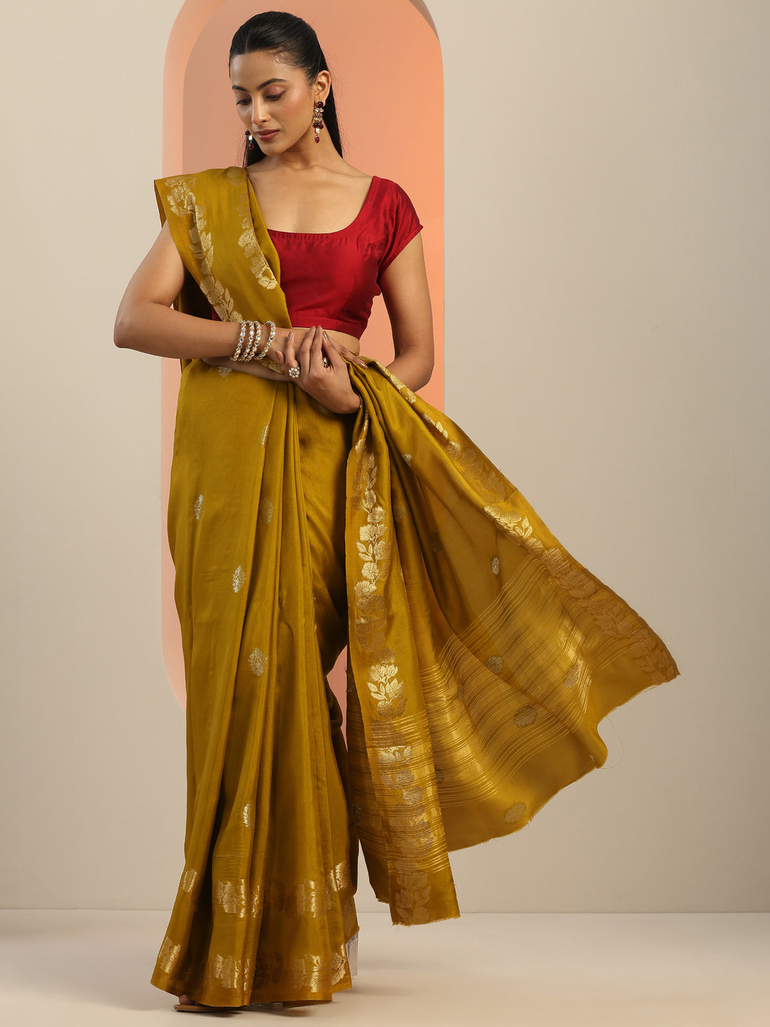  Mustard Woven Design Silk Blend Saree With Unstitched Blouse Piece 