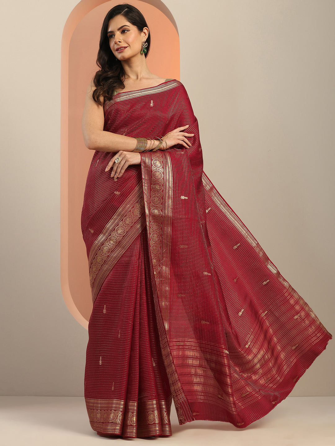  Maroon Woven Design Silk Blend Saree With Unstitched Blouse Piece 