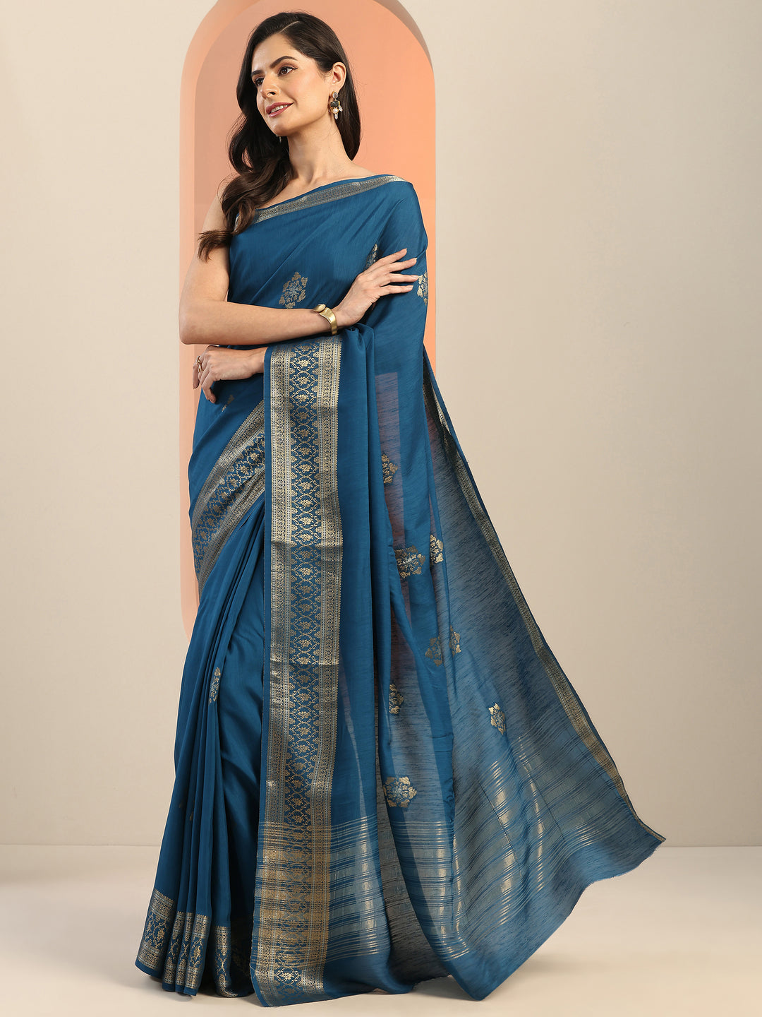  Teal Woven Design Silk Blend Saree With Unstitched Blouse Piece 