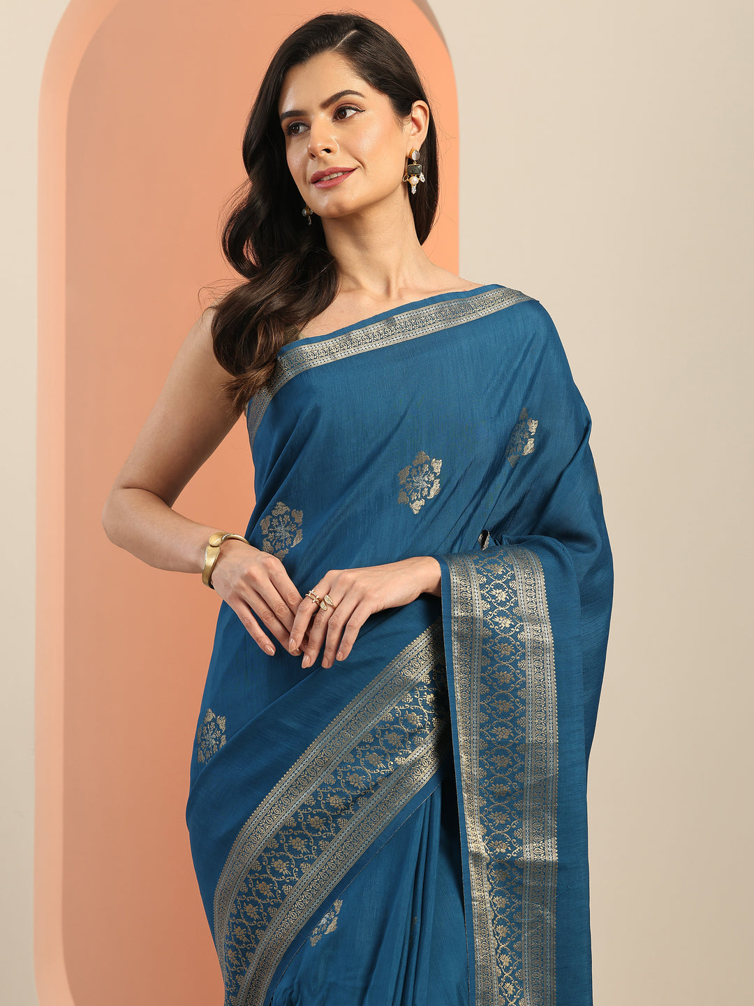  Teal Woven Design Silk Blend Saree With Unstitched Blouse Piece 