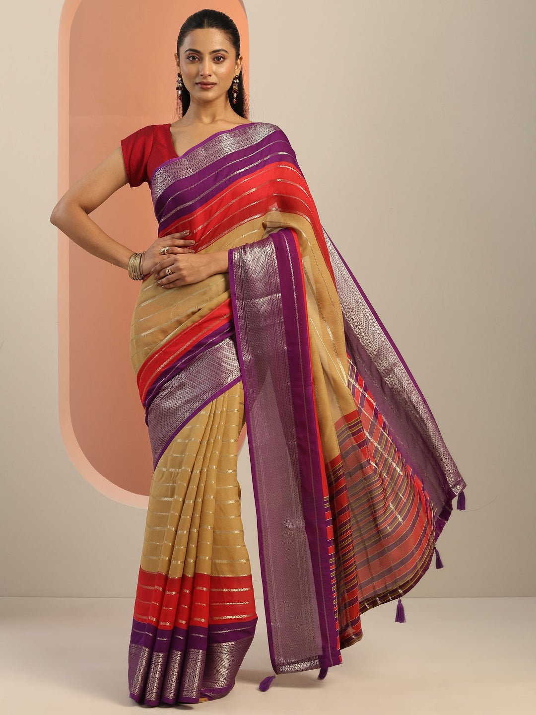  Tan Embellished Silk Blend Saree With Unstitched Blouse Piece 