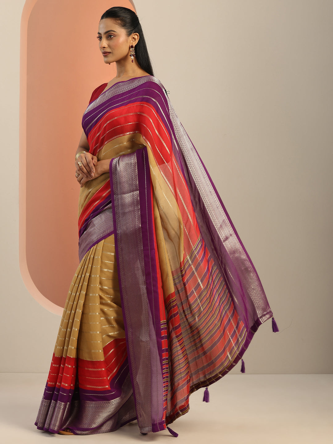  Tan Embellished Silk Blend Saree With Unstitched Blouse Piece 