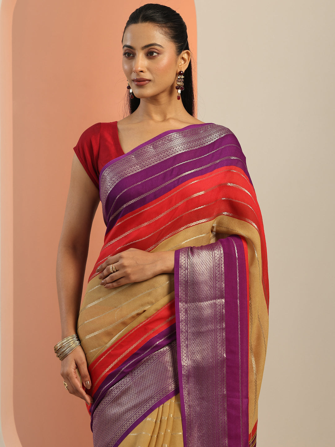  Tan Embellished Silk Blend Saree With Unstitched Blouse Piece 