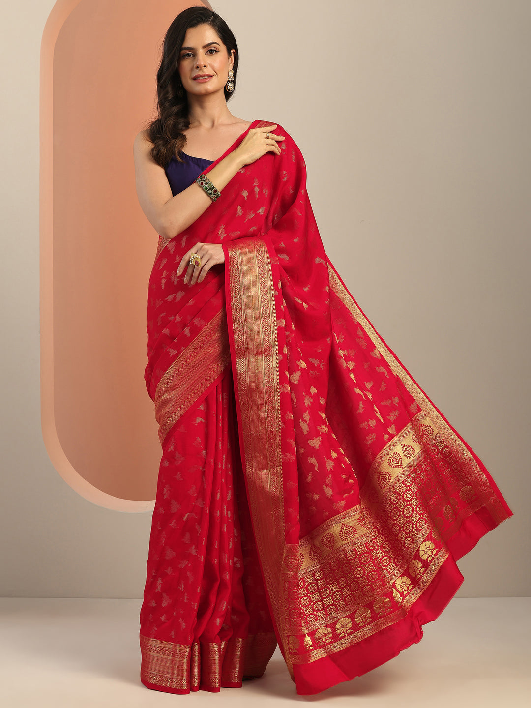  Red Woven Design Silk Blend Saree With Unstitched Blouse Piece 