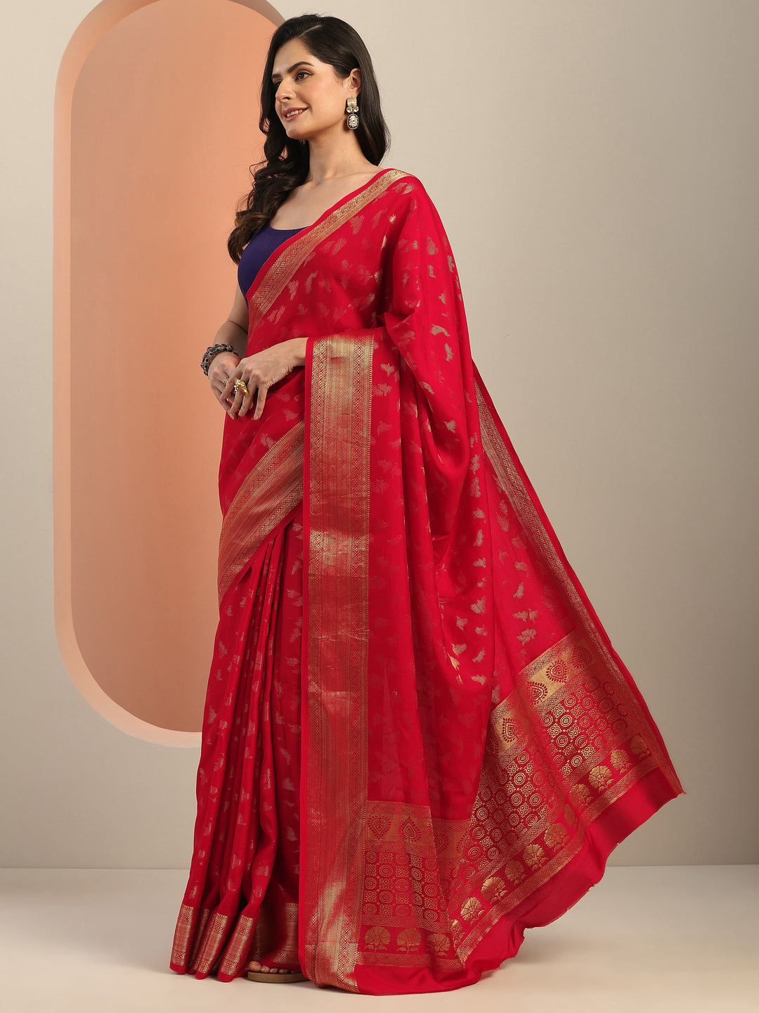  Red Woven Design Silk Blend Saree With Unstitched Blouse Piece 