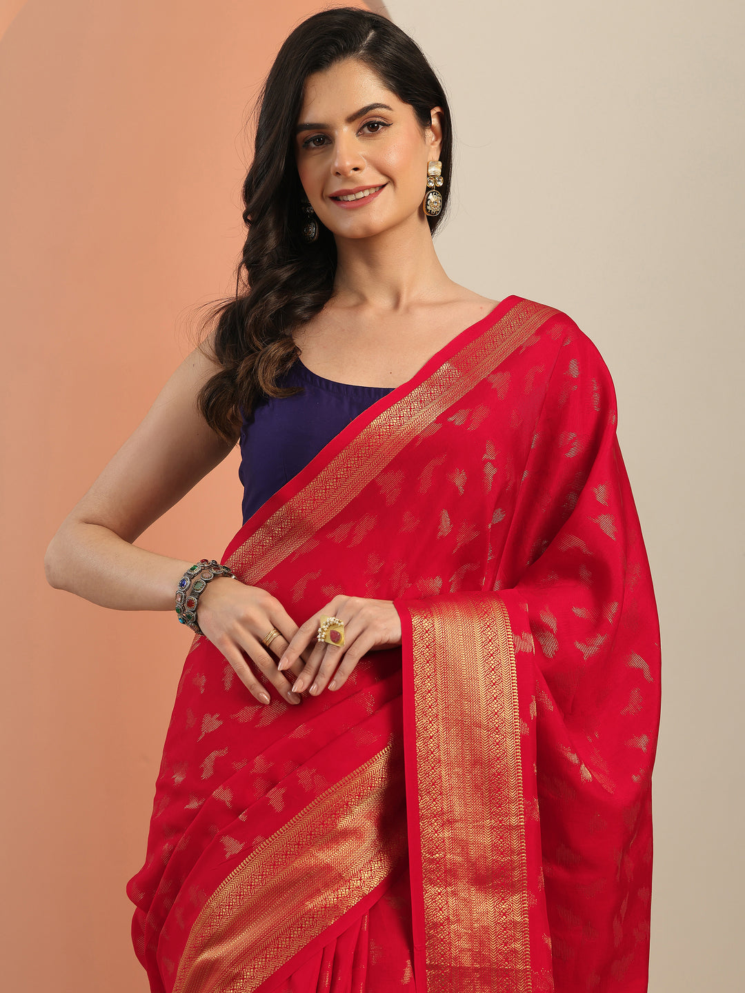  Red Woven Design Silk Blend Saree With Unstitched Blouse Piece 