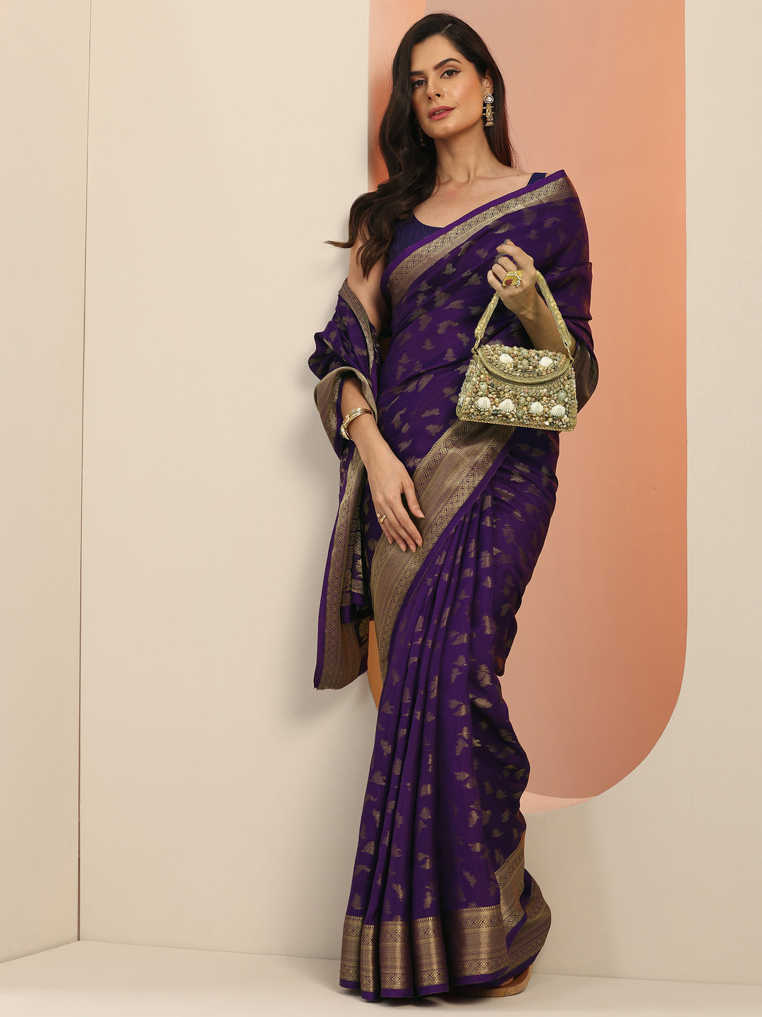  Purple Woven Design Silk Blend Saree With Unstitched Blouse Piece 
