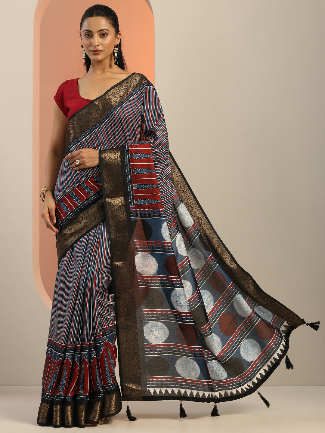  Blue Printed Silk Blend Saree With Unstitched Blouse Piece 