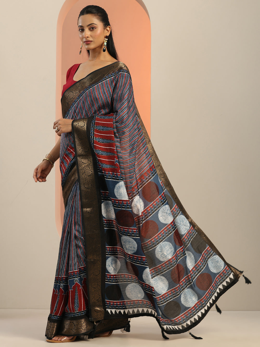  Blue Printed Silk Blend Saree With Unstitched Blouse Piece 