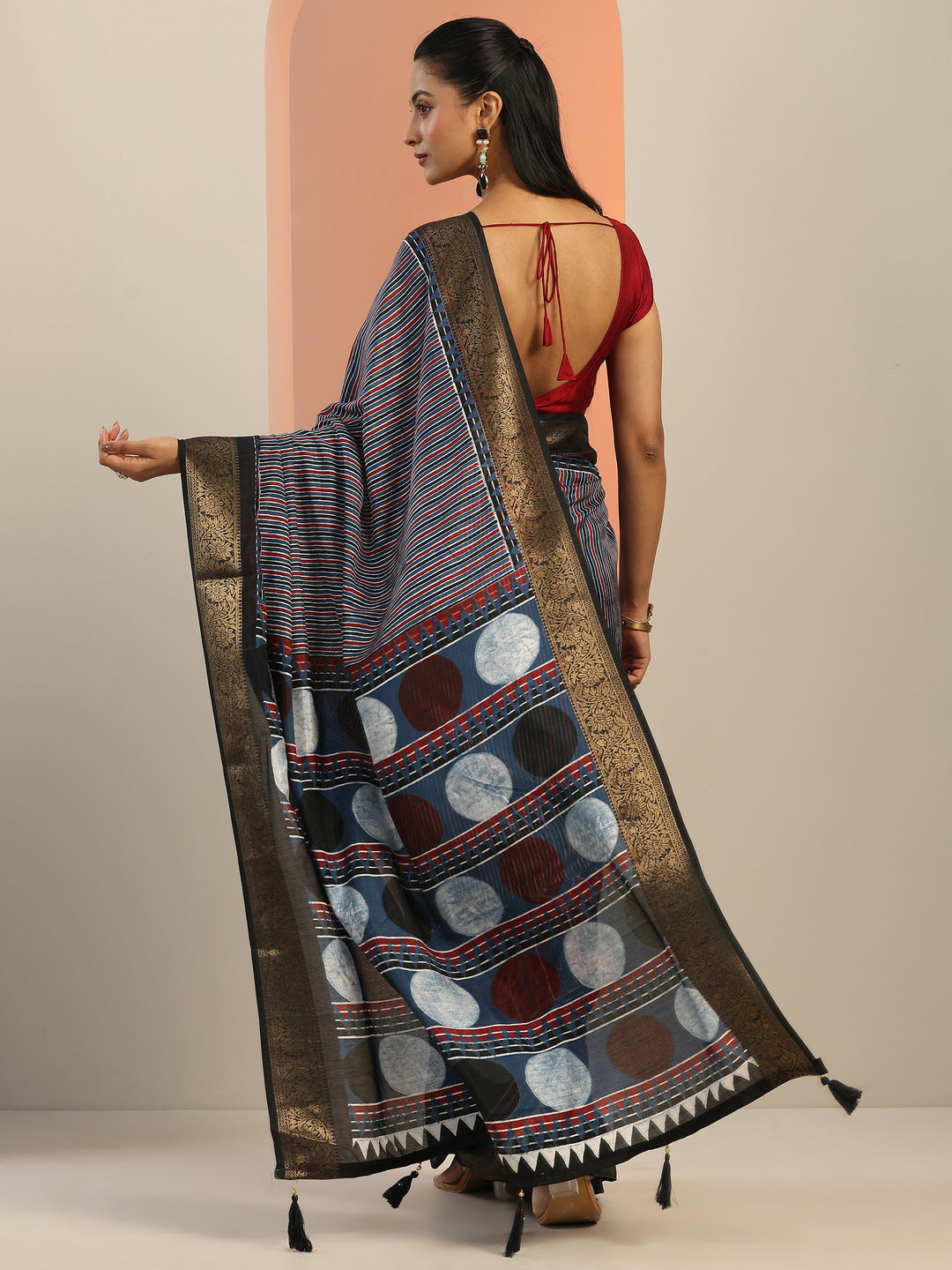  Blue Printed Silk Blend Saree With Unstitched Blouse Piece 