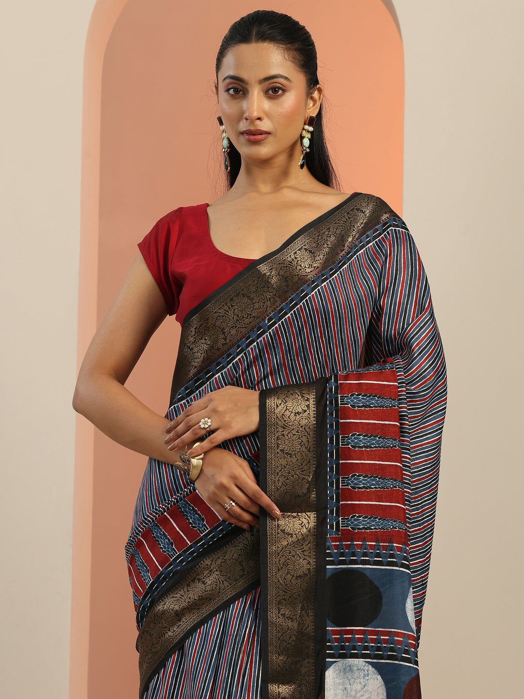  Blue Printed Silk Blend Saree With Unstitched Blouse Piece 
