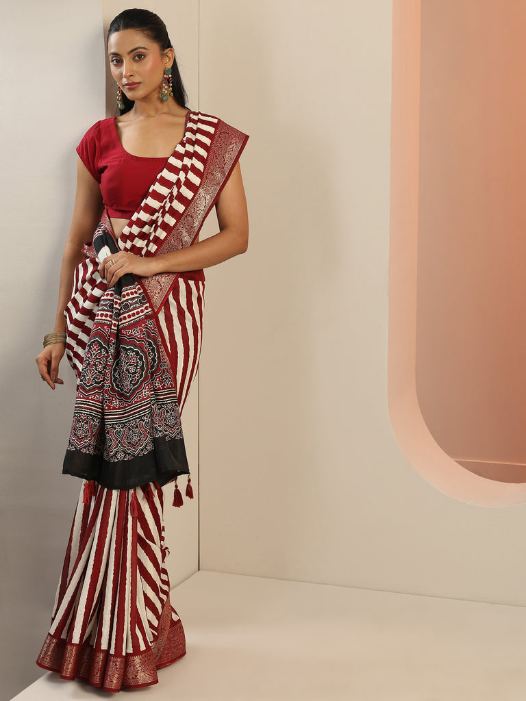 Libas Maroon Printed Silk Blend Saree With Unstitched Blouse Piece