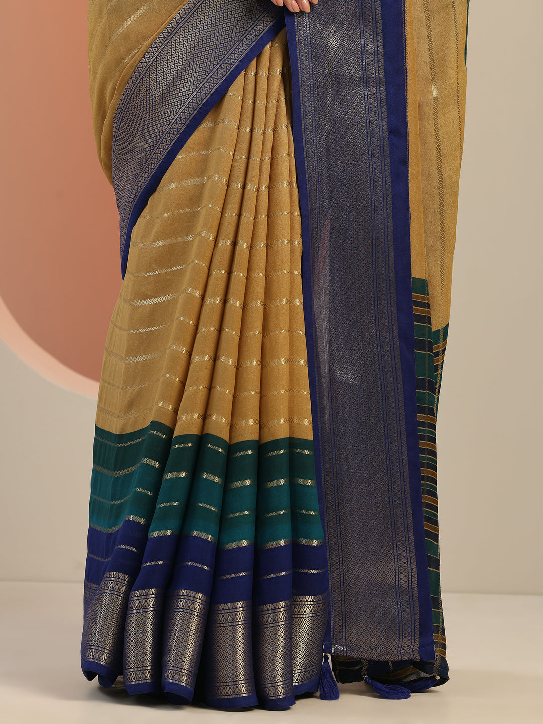  Tan Embellished Silk Blend Saree With Unstitched Blouse Piece 