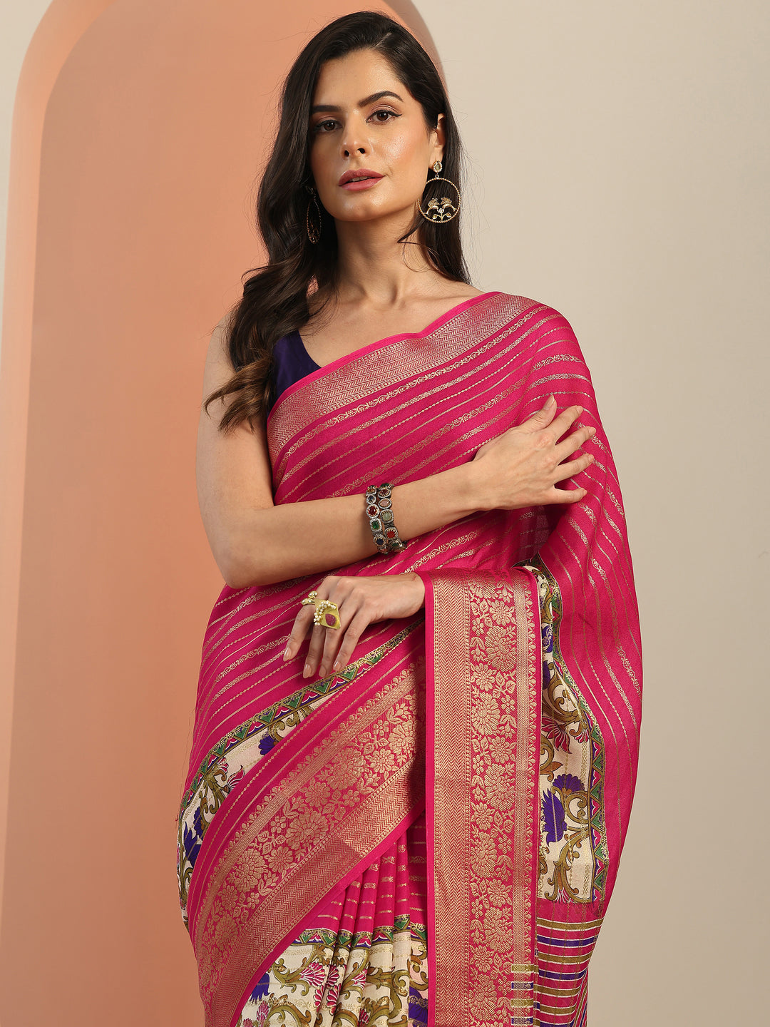  Multi Printed Silk Blend Saree With Unstitched Blouse Piece 