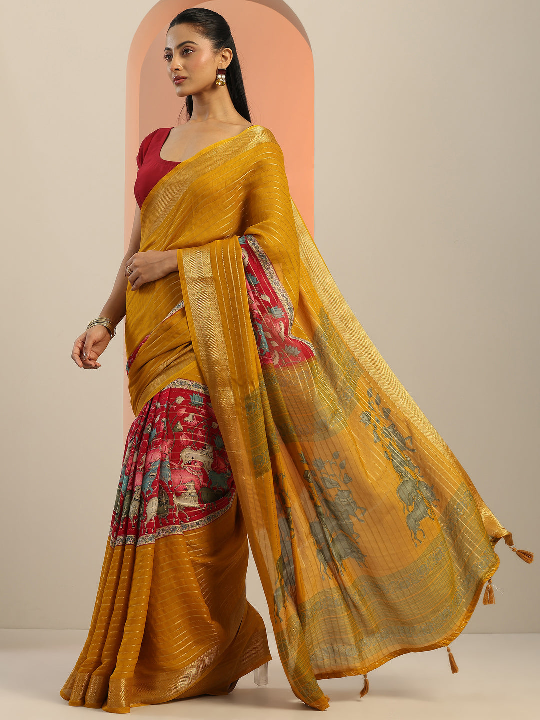  Multi Printed Silk Blend Saree With Unstitched Blouse Piece 