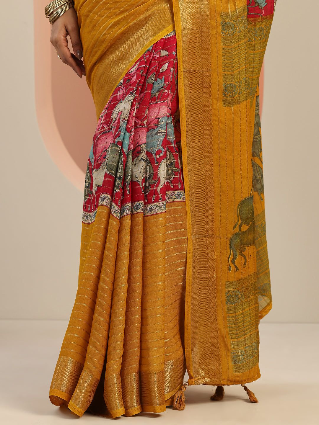  Multi Printed Silk Blend Saree With Unstitched Blouse Piece 