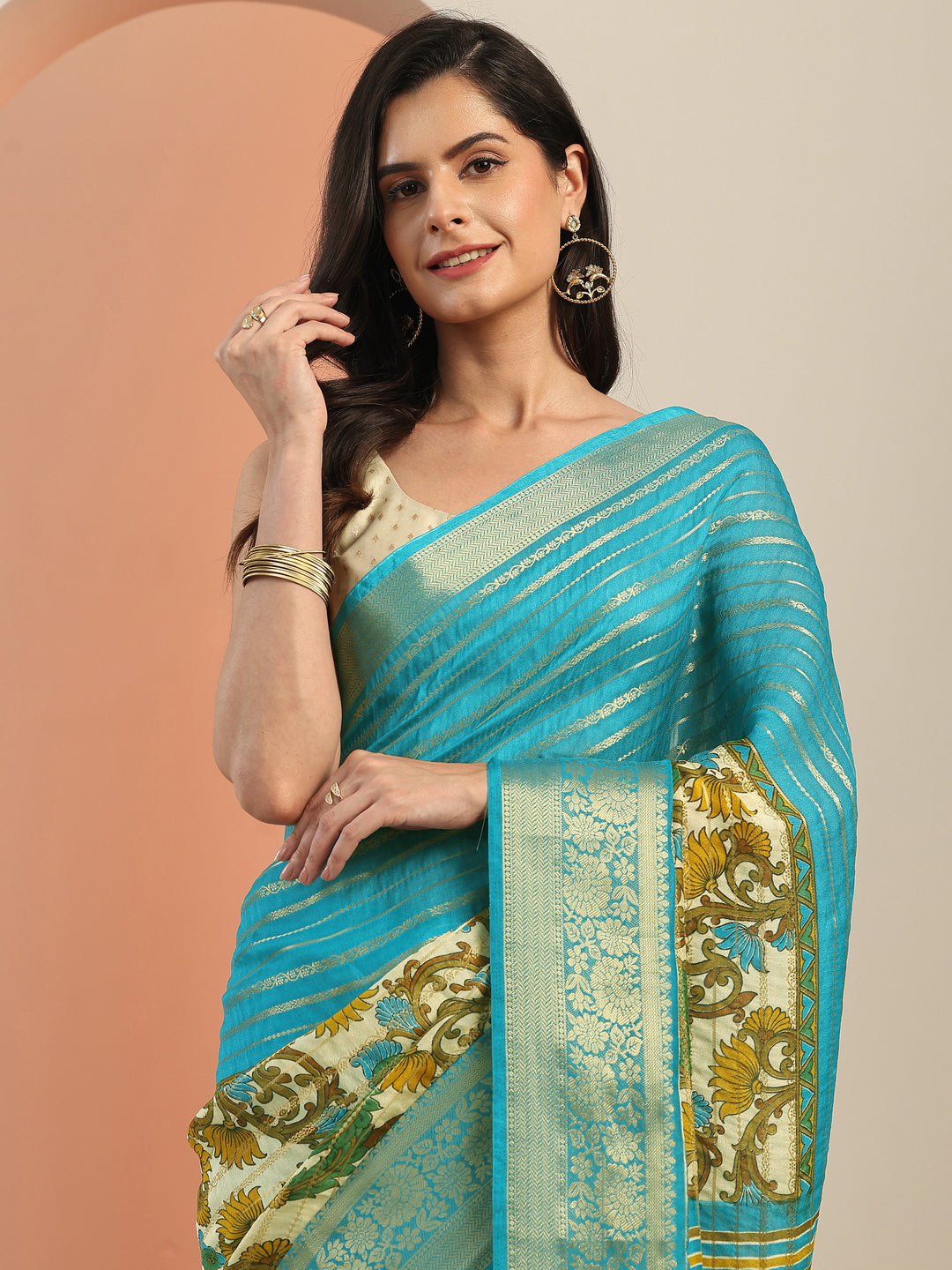  Multi Printed Silk Blend Saree With Unstitched Blouse Piece 