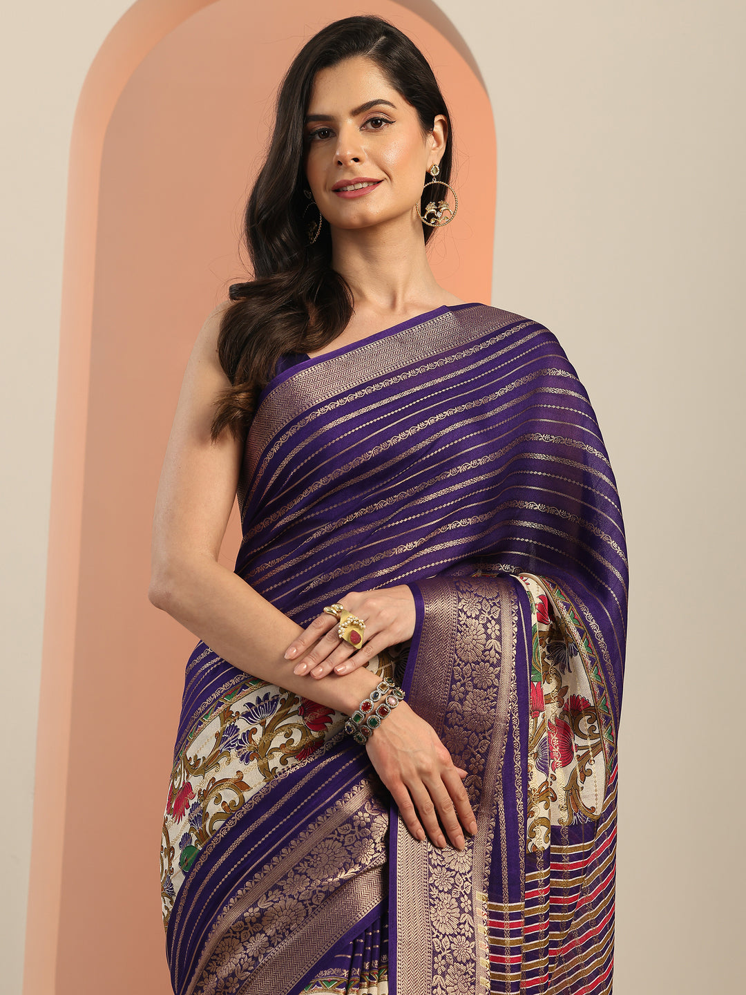  Multi Printed Silk Blend Saree With Unstitched Blouse Piece 