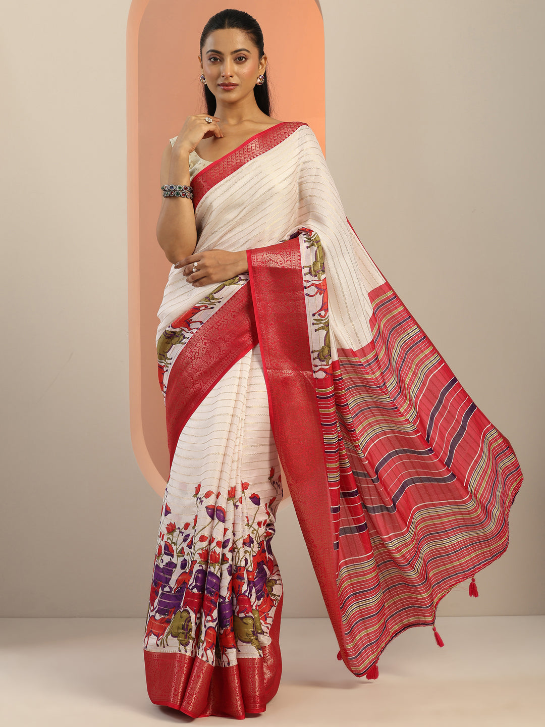  Off White Printed Silk Blend Saree With Unstitched Blouse Piece 