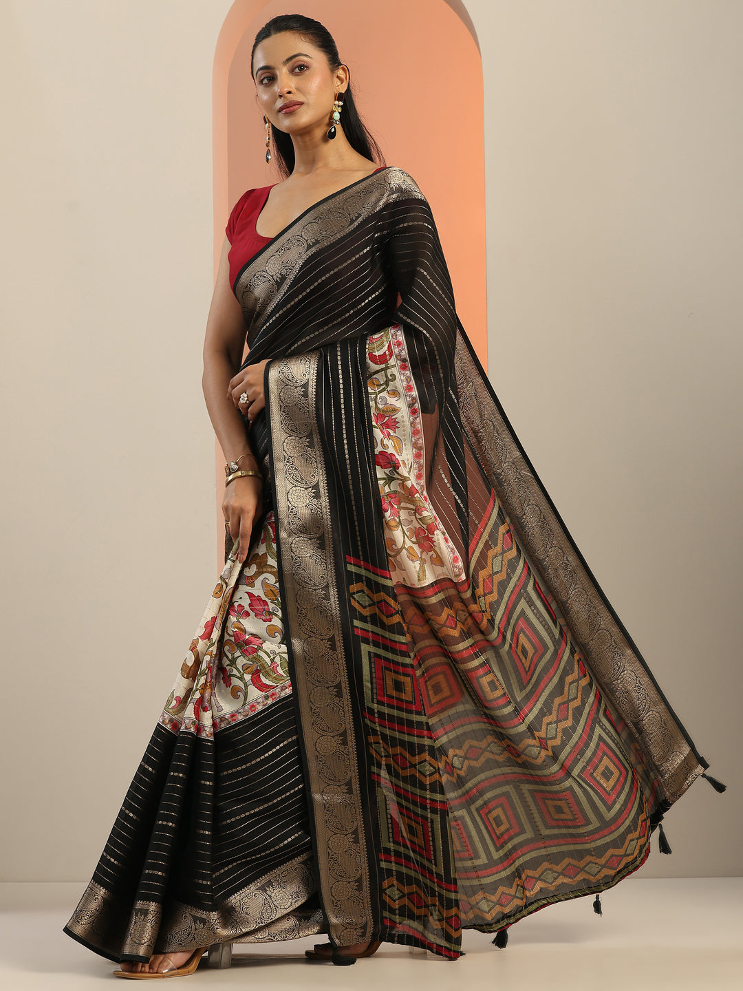  Multi Printed Crepe Saree With Unstitched Blouse Piece 