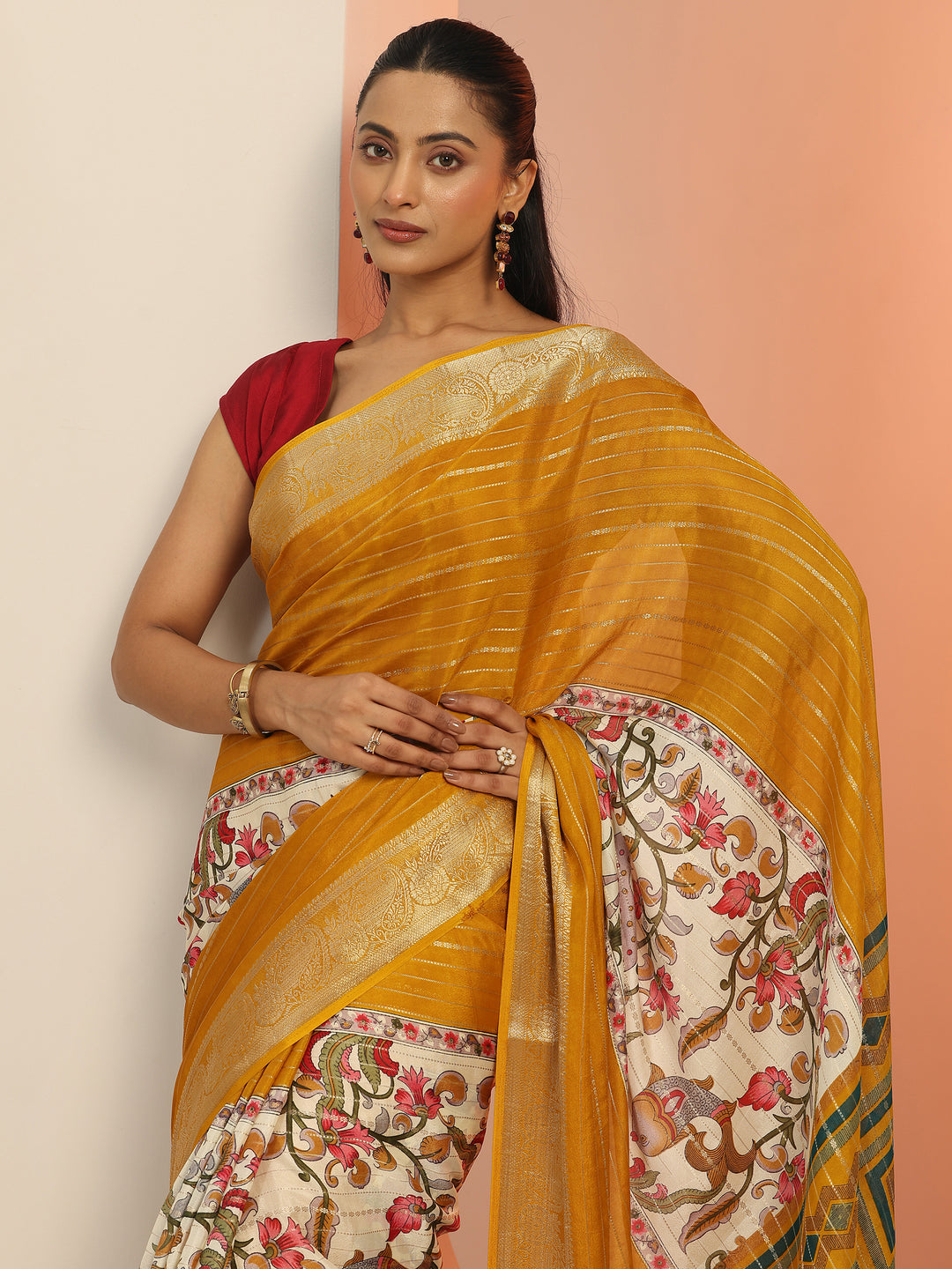  Multi Printed Crepe Saree With Unstitched Blouse Piece 