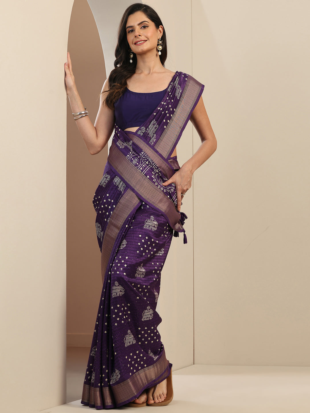  Purple Printed Silk Blend Saree With Unstitched Blouse Piece 