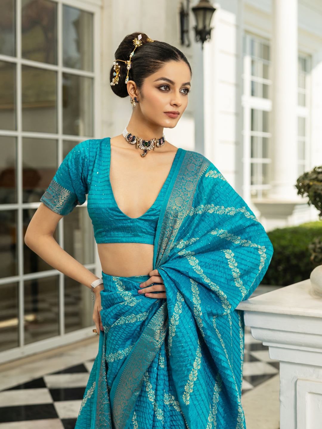  Blue Printed Silk Blend Saree With Unstitched Blouse Piece 