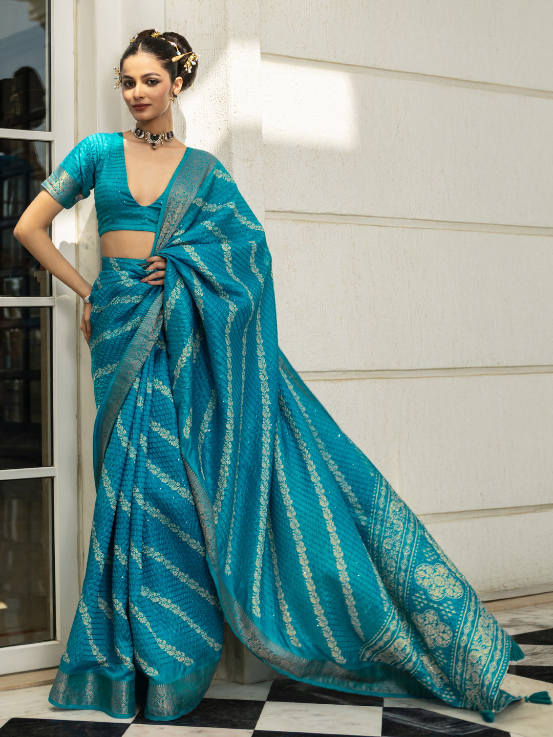  Blue Printed Silk Blend Saree With Unstitched Blouse Piece 