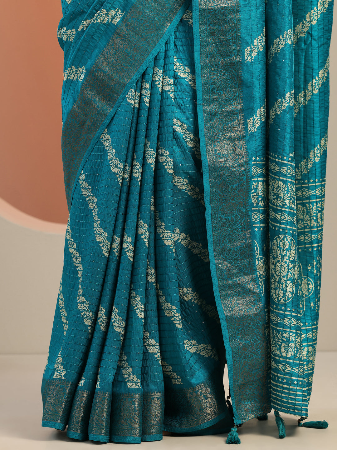  Blue Printed Silk Blend Saree With Unstitched Blouse Piece 