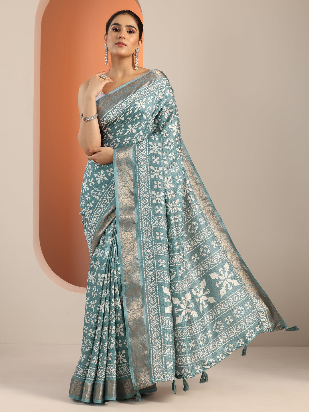  Blue Printed Silk Blend Saree With Unstitched Blouse Piece 
