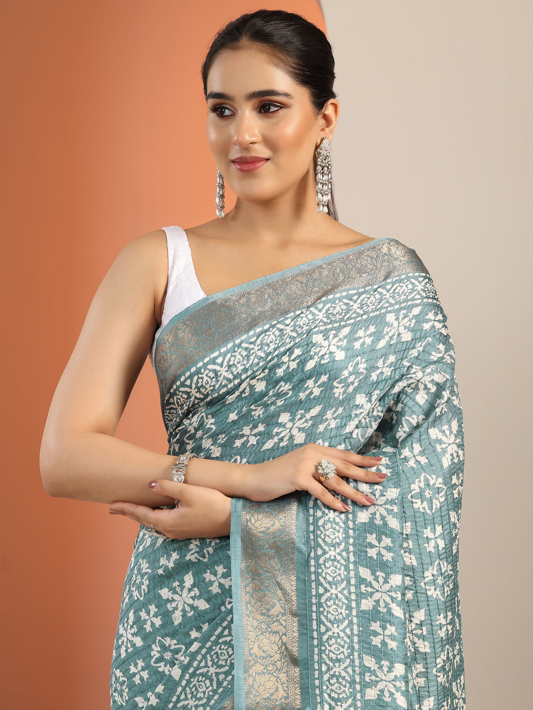  Blue Printed Silk Blend Saree With Unstitched Blouse Piece 