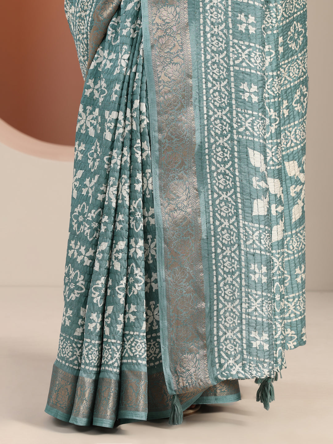  Blue Printed Silk Blend Saree With Unstitched Blouse Piece 