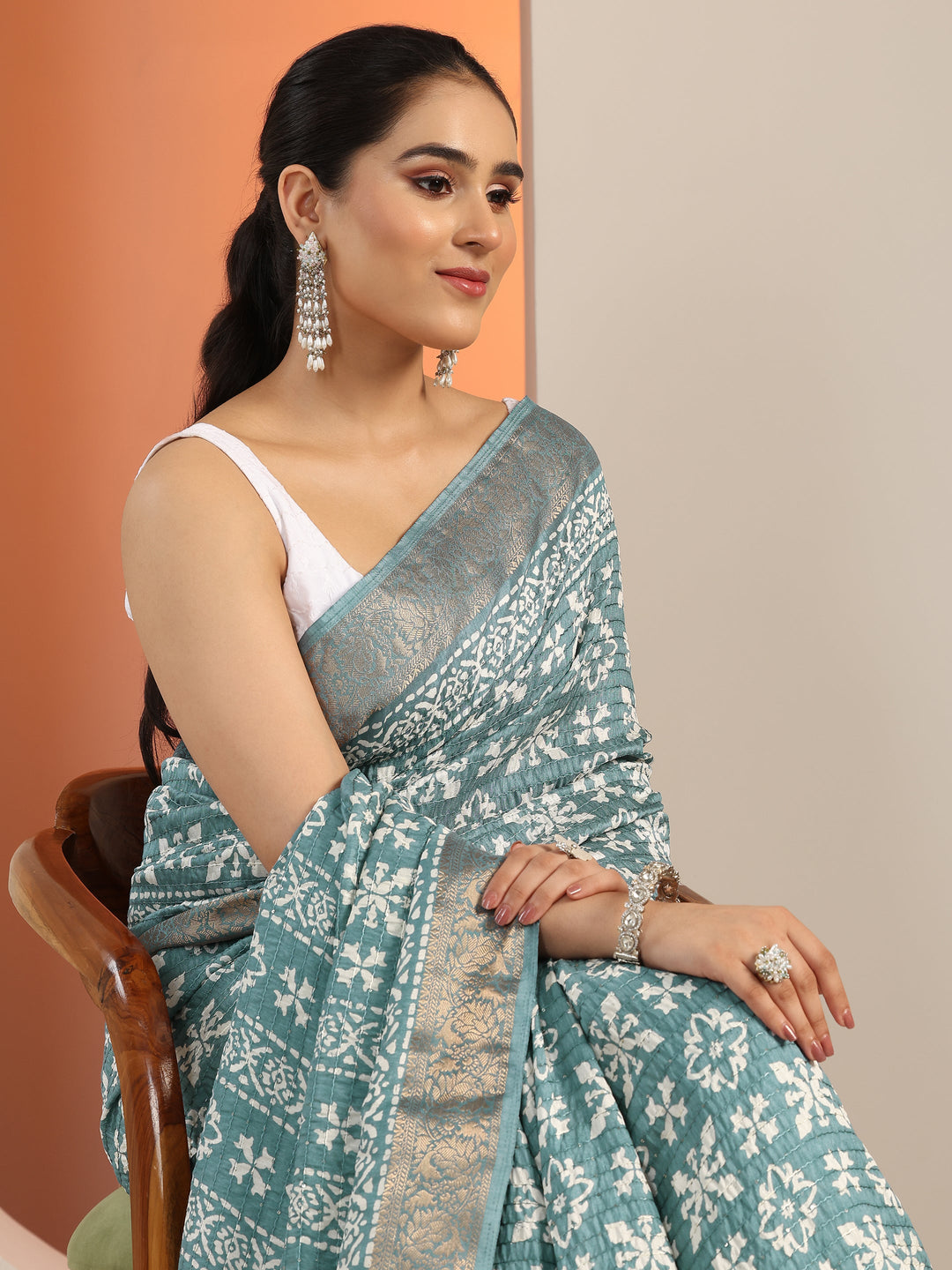  Blue Printed Silk Blend Saree With Unstitched Blouse Piece 