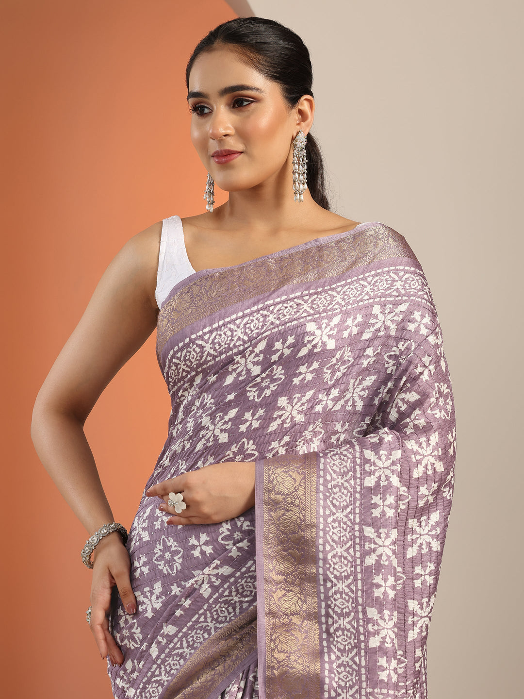  Mauve Printed Silk Blend Saree With Unstitched Blouse Piece 