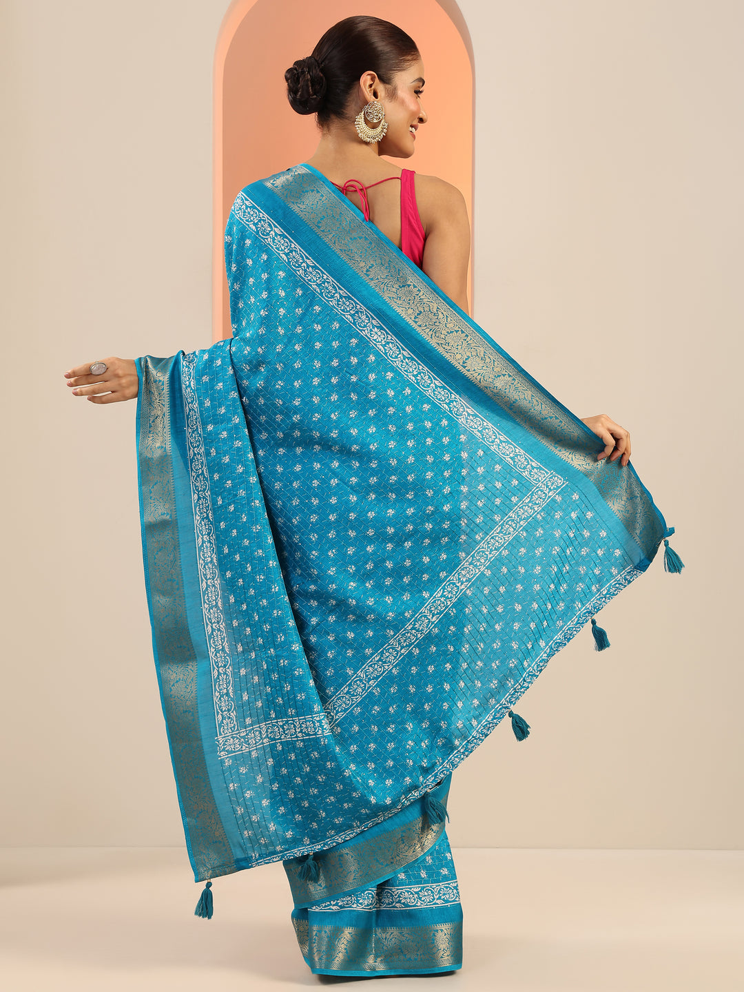  Blue Printed Silk Saree With Unstitched Blouse Piece 