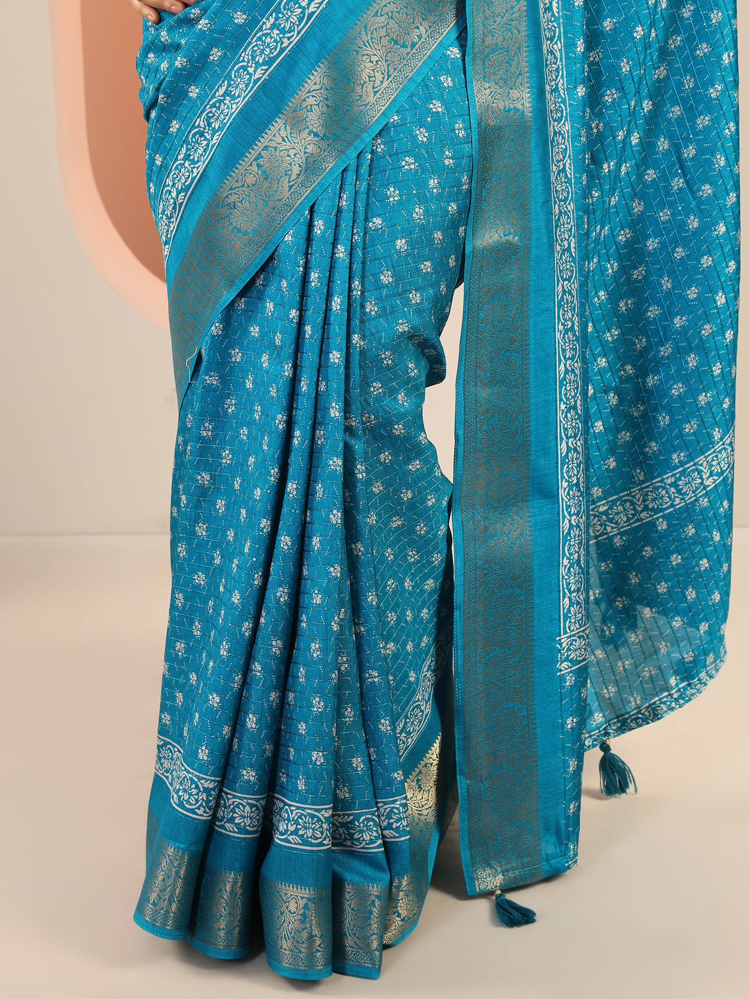  Blue Printed Silk Saree With Unstitched Blouse Piece 