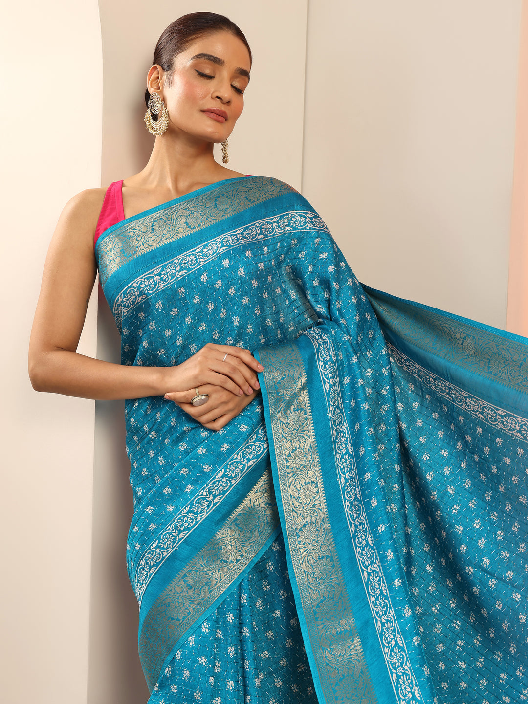  Blue Printed Silk Saree With Unstitched Blouse Piece 