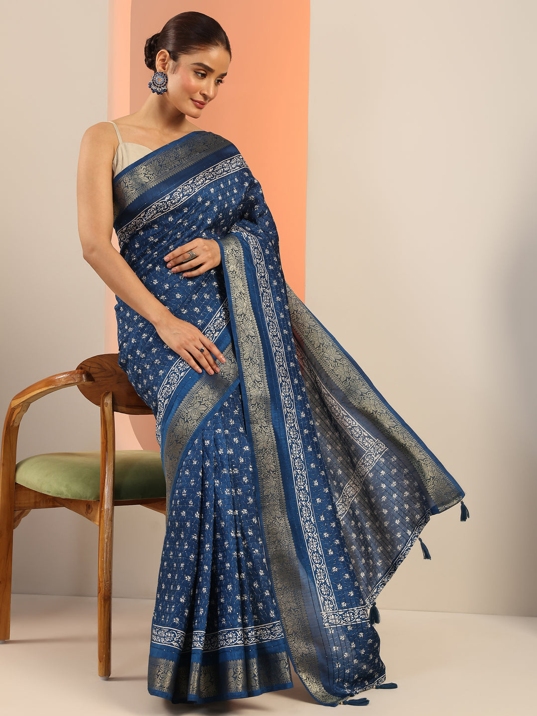  Navy Blue Printed Silk Saree With Unstitched Blouse Piece 