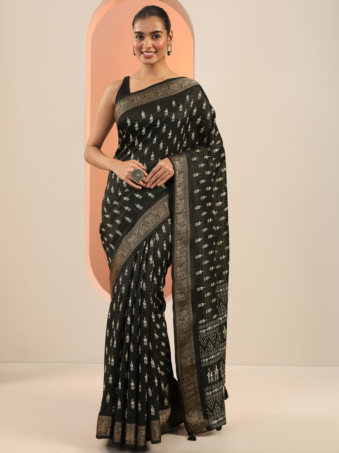  Black Printed Silk Saree With Unstitched Blouse Piece 