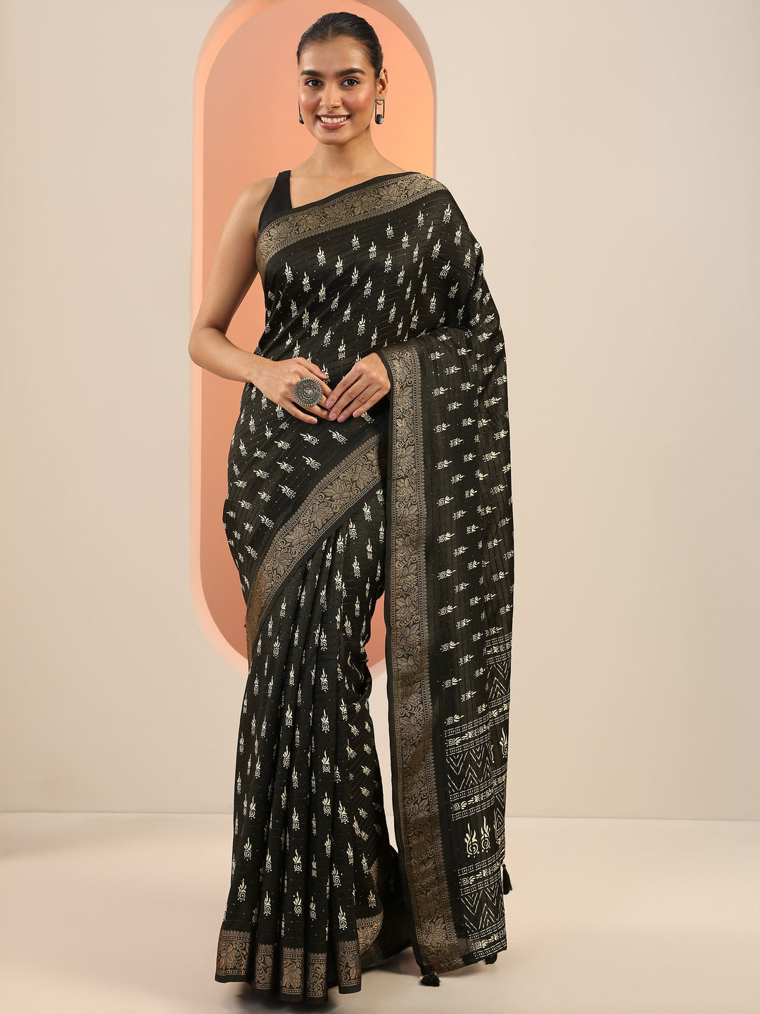  Black Printed Silk Saree With Unstitched Blouse Piece 